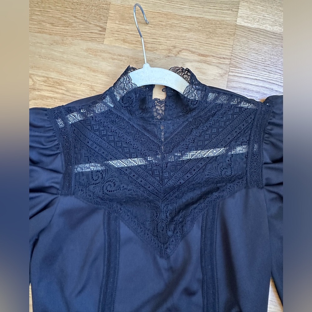 Black long sleeve puff shoulder lace front blouse high neck